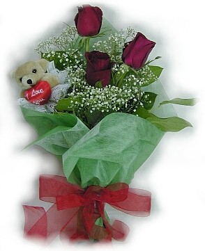 3 adet g�l ve k���k ayicik buketi  hediye �i�ek�ilik cicek , cicekci bat�kent