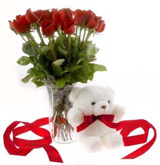  Ankara keçiören çiçekçilik online çiçek gönderme sipariş eryaman  12 adet kirmizi gül ve pelus ayicik