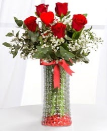 Cam vazoda 5 adet kırmızı gül kalp çubuk  çiçekçilik ucuz çiçek gönder 