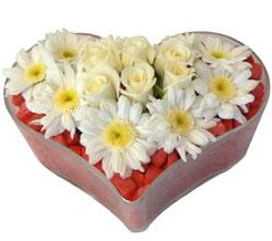 Kalp içerisinde 7 beyaz gül ve papatyalar  kavaklıdere çiçekçilik internetten çiçek satışı balgat