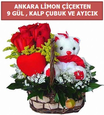 Kalp çubuk sepette 9 gül ve ayıcık  Ankara çiçek çiçekçi telefonları  
