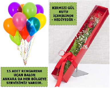 15 Adet uçan balon ve kutuda kırmızı gül  Ankara balgat çiçekçilik çiçek , çiçekçi , çiçekçilik 
