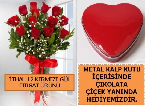 12 adet kırmızı gül ve kalp kutuda çikolata  Ankara çiçek çiçekçi telefonları 