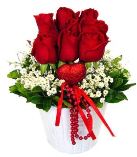 9 kırmızı gül seramik ve kalp çubuk  Ankara anatolia çiçek çiçek gönderme 