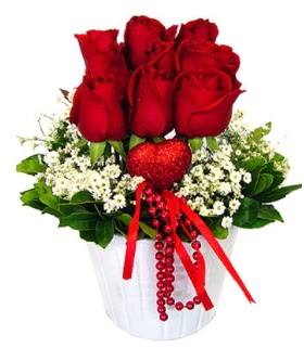 9 k�rm�z� g�l seramik ve kalp �ubuk  Ankara anatolia �i�ek �i�ek g�nderme 