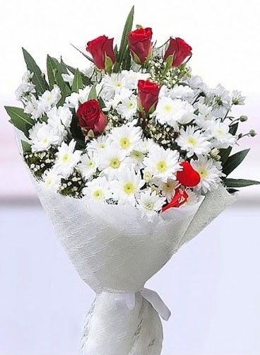 Sevdiğime papatya ve 5 kırmızı gül buketi  dikmen çiçekçilik çiçekçi mağazası online