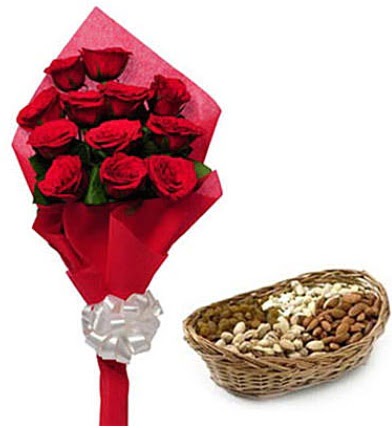 11 adet kırmızı gül ve sepette kuruyemiş  kavaklıdere çiçekçilik internetten çiçek satışı balgat