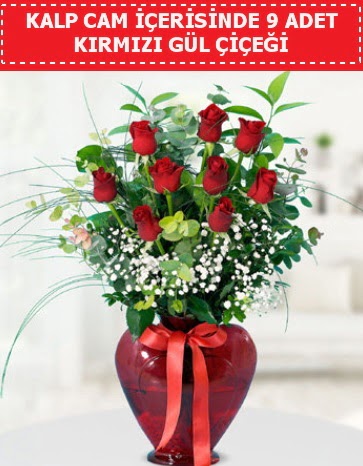 Kırmızı kalp camda 9 kırmızı gül  Ankara çiçekçilik çiçek satışı 