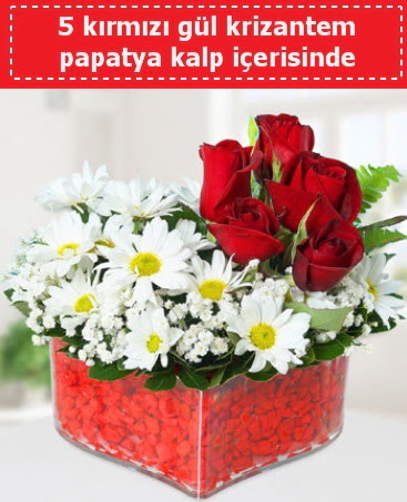 mika kalp içerisinde 5 kırmızı gül papatya  Ankara anatolia çiçek çiçek gönderme 