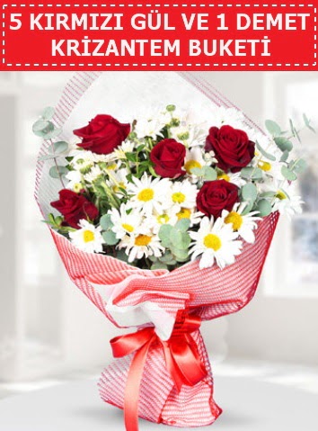 5 adet kırmızı gül ve krizantem buketi  Ankara çiçekçilik çiçek satışı 
